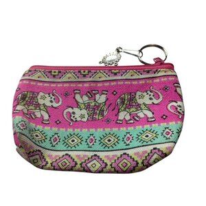 Coin Change Purse Wallet Keyring  Elephants Pink Colorful Lightweight Fabric